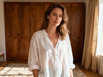 The woman steps forward, and the indoor background then transitions seamlessly into a sandy beach.in Image to Video