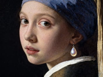 The person in the portrait reaches for an apple, picks it up, and takes a crisp bite. in Image to Video